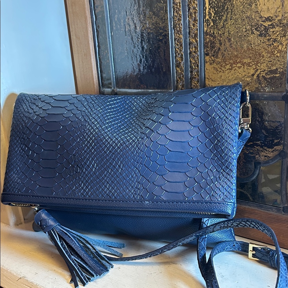 GiGi New York Navy Snake-Embossed Clutch